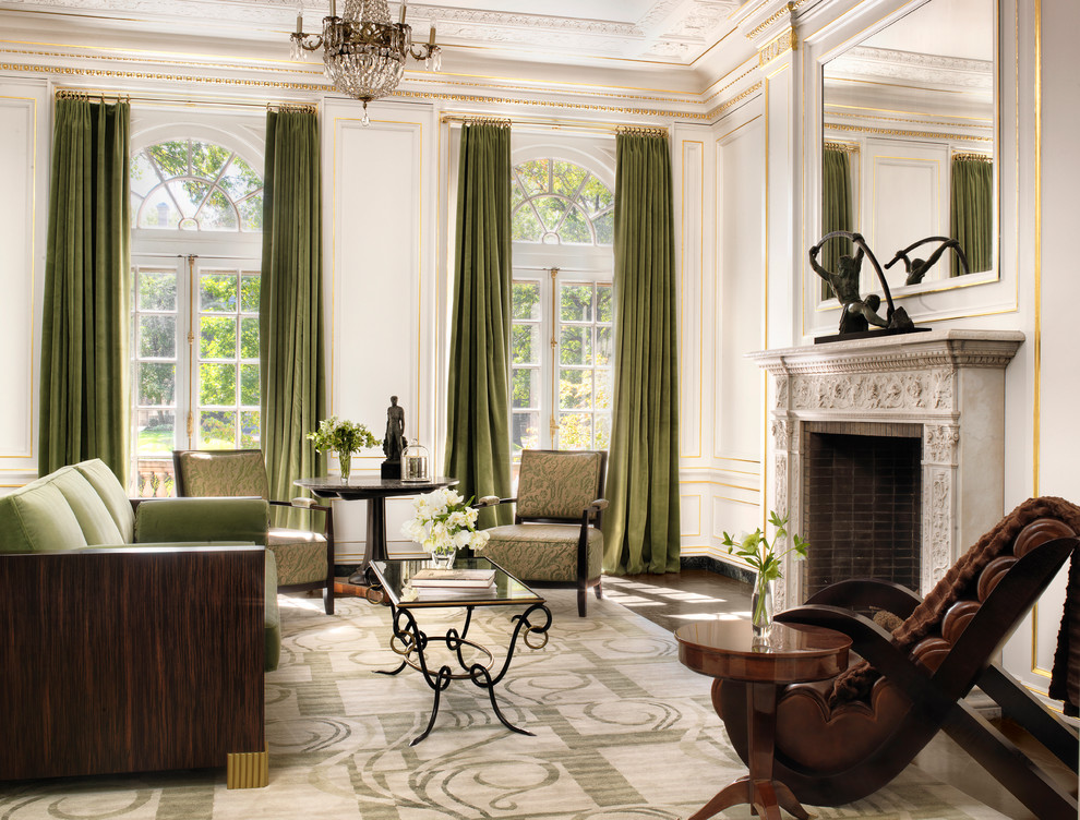 Living room - traditional formal dark wood floor living room idea in St Louis with white walls, a standard fireplace and a tile fireplace
