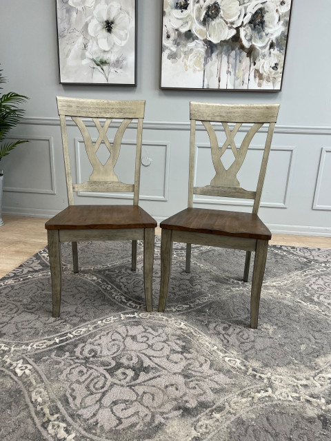 Pair of Casual Brown and Grey Solid Wood Dining Chairs - Traditional ...