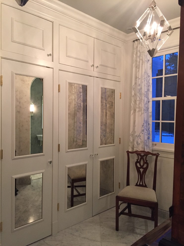 Inspiration for a large transitional master marble floor and white floor bathroom remodel in Chicago with beaded inset cabinets, white cabinets and white walls