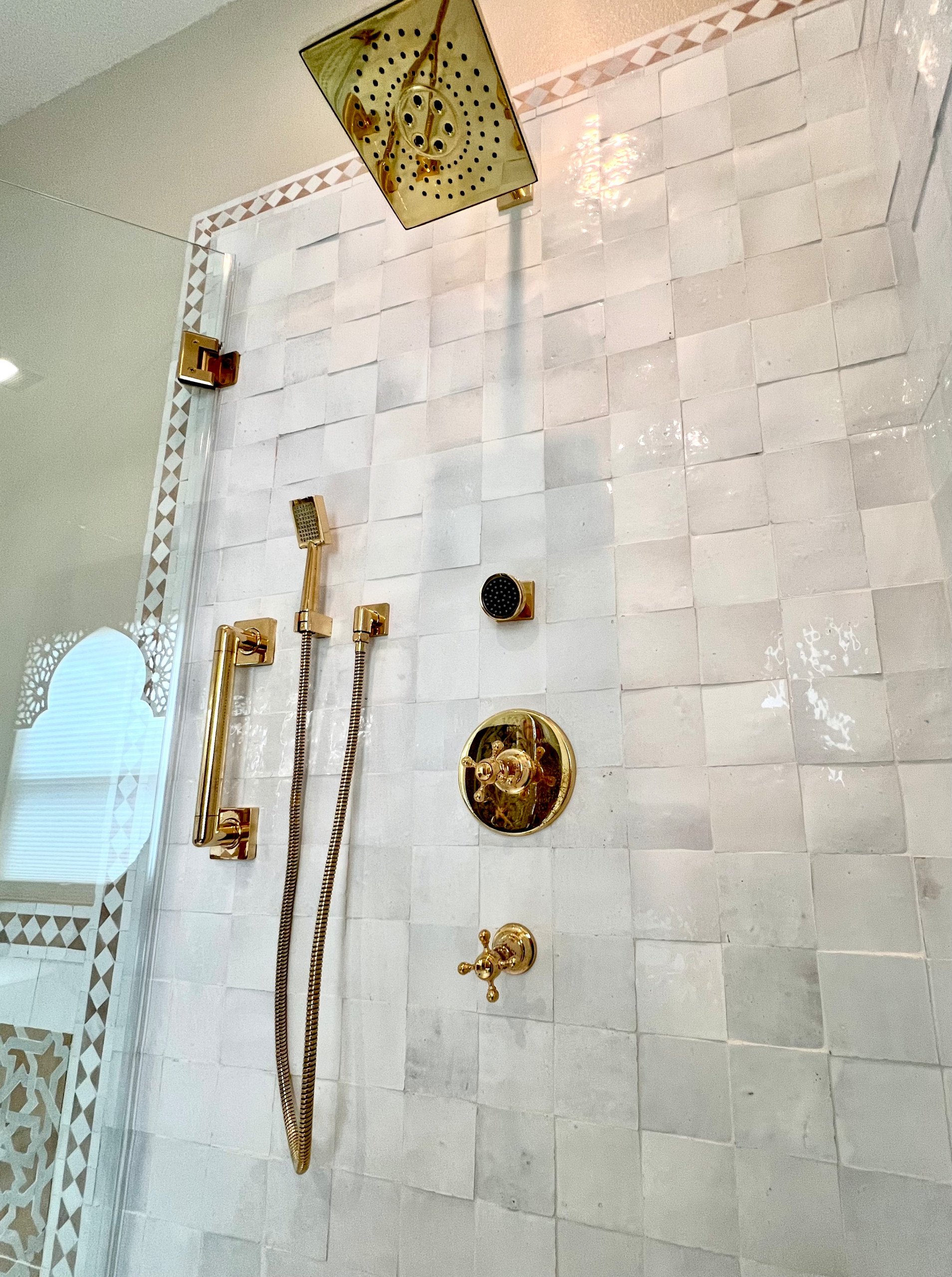 Lustrous Fixtures Showcase the Rustic Zellige Tile's Subtle Colors & Texture