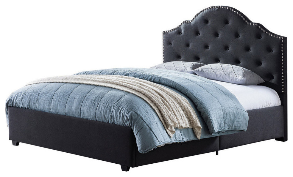 Alfred ButtonTufted Upholstered Queen Bed Frame with Nailhead Accents