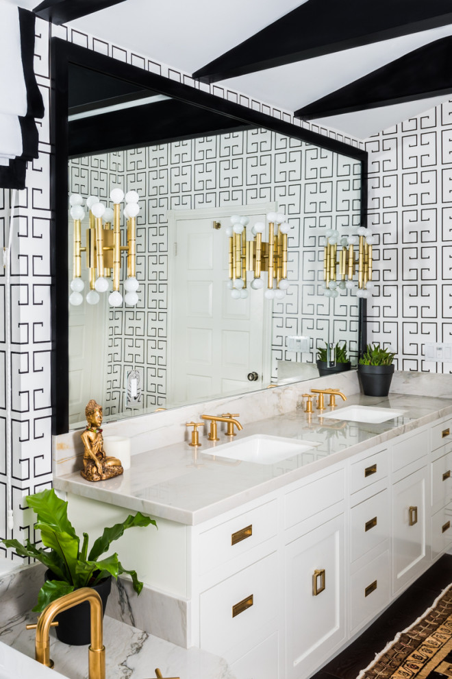 Design ideas for a large contemporary master bathroom in Los Angeles with shaker cabinets, white cabinets, black and white tile, an undermount sink, brown floor, grey benchtops, a double vanity and a built-in vanity.