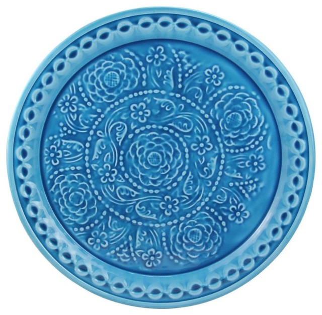 165 Leau De Fleur Embossed Rose Floral Decorative Platter Turquoise Blue