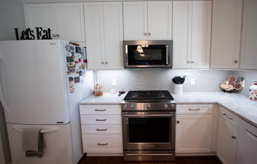 White Shaker Kitchen w/ Pietra Quartz Countertops & Gray Subway Tile ...