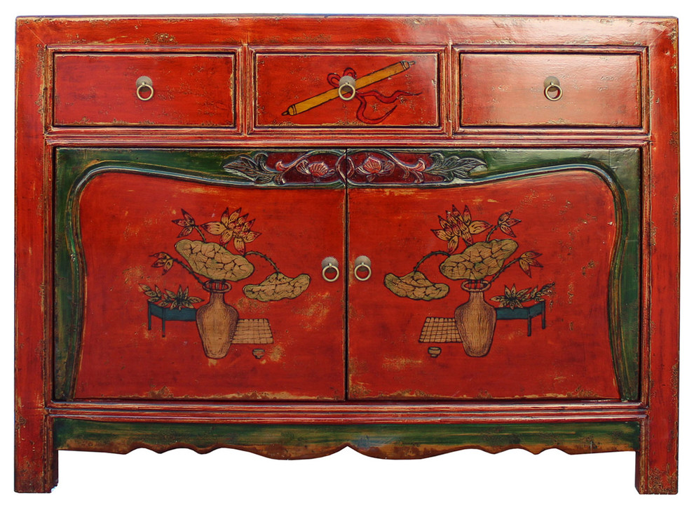 Chinese Distressed Bright Red Flower Graphic Table Cabinet Asian