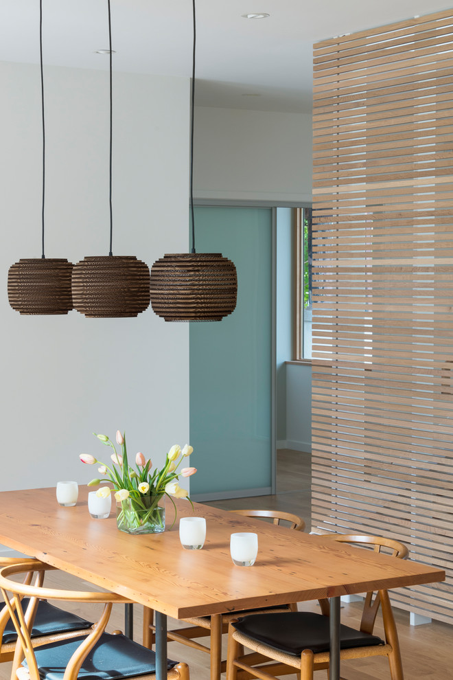 Kitchen/dining room combo - mid-sized contemporary light wood floor and brown floor kitchen/dining room combo idea in Seattle with white walls
