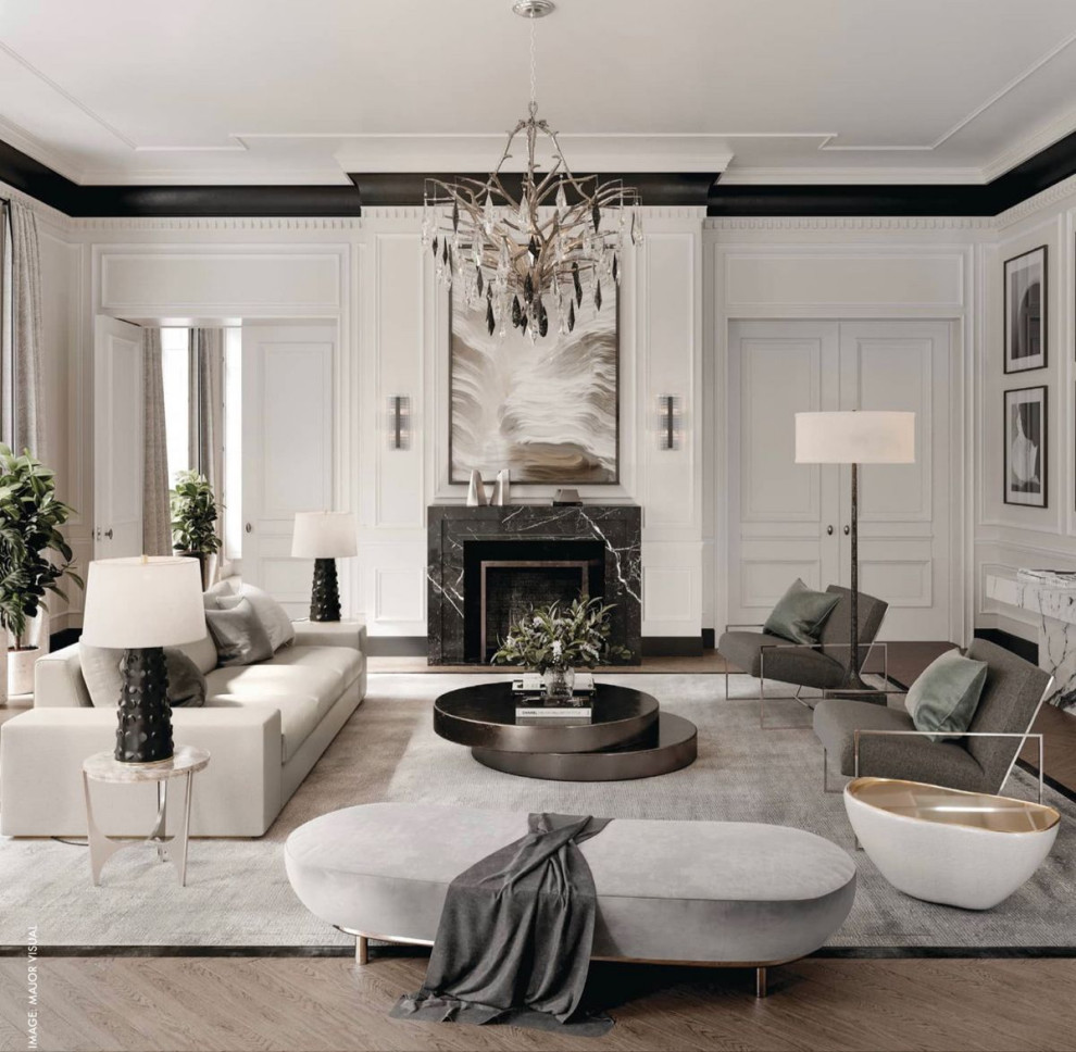 Inspiration for a large transitional formal open concept living room in Atlanta with white walls, light hardwood floors, a standard fireplace, a stone fireplace surround, brown floor, wood and decorative wall panelling.