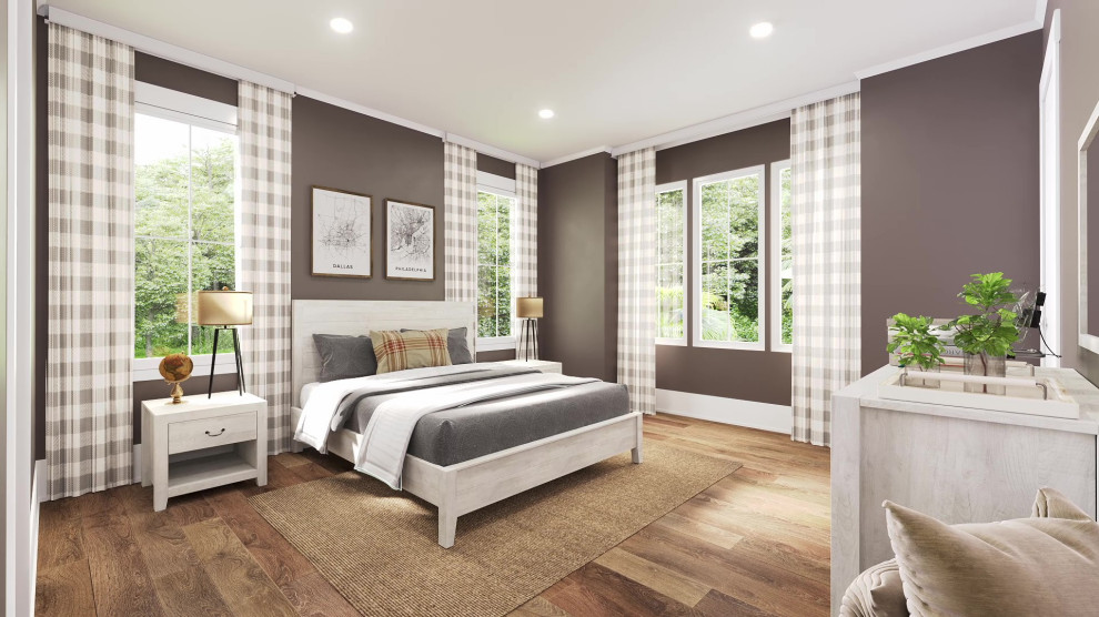 Imagen de dormitorio principal marinero de tamaño medio con paredes marrones, suelo vinílico y suelo marrón