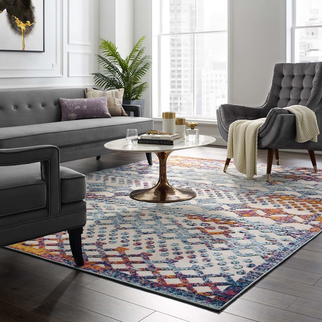 Modern Indoor/Outdoor Area Rug, Distressed Vintage, Multi-Color ...