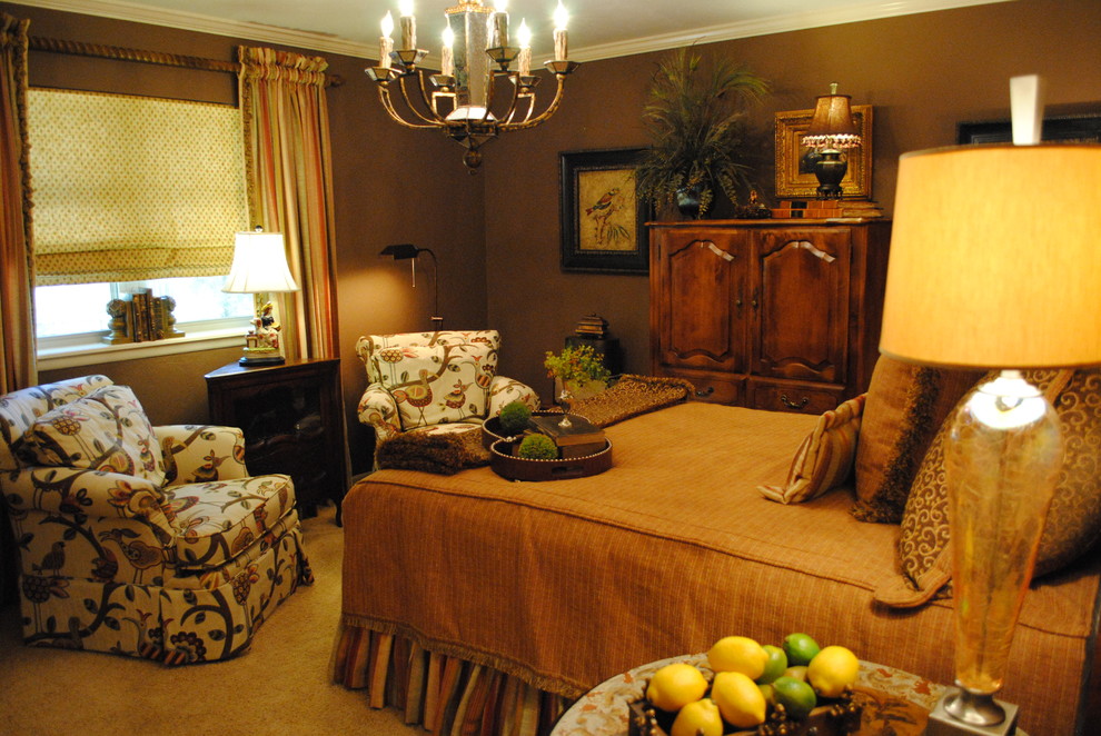This is an example of a mid-sized traditional master bedroom in Austin with brown walls, carpet and beige floor.