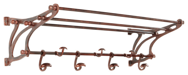 Vintage-Inspired Copper Wall Shelf with Wall Hooks, 43"x14"