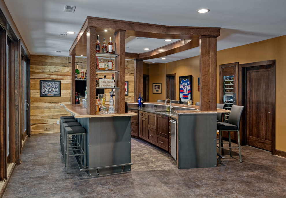 Inspiration for a large transitional galley seated home bar in Minneapolis with an undermount sink, shaker cabinets, medium wood cabinets, wood benchtops, brown floor, brown benchtop, brown splashback, timber splashback and vinyl floors.