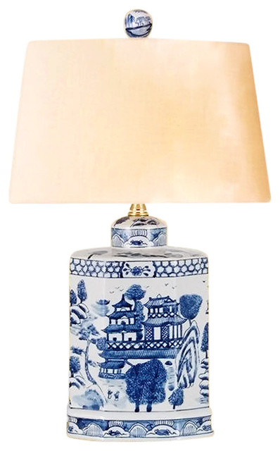 Vintage Style Blue And White Porcelain Willow Tea Caddy Table Lamp W Shade Vintage Style Blue And White Porcelain Willow Tea Caddy Table Lamp W Shade