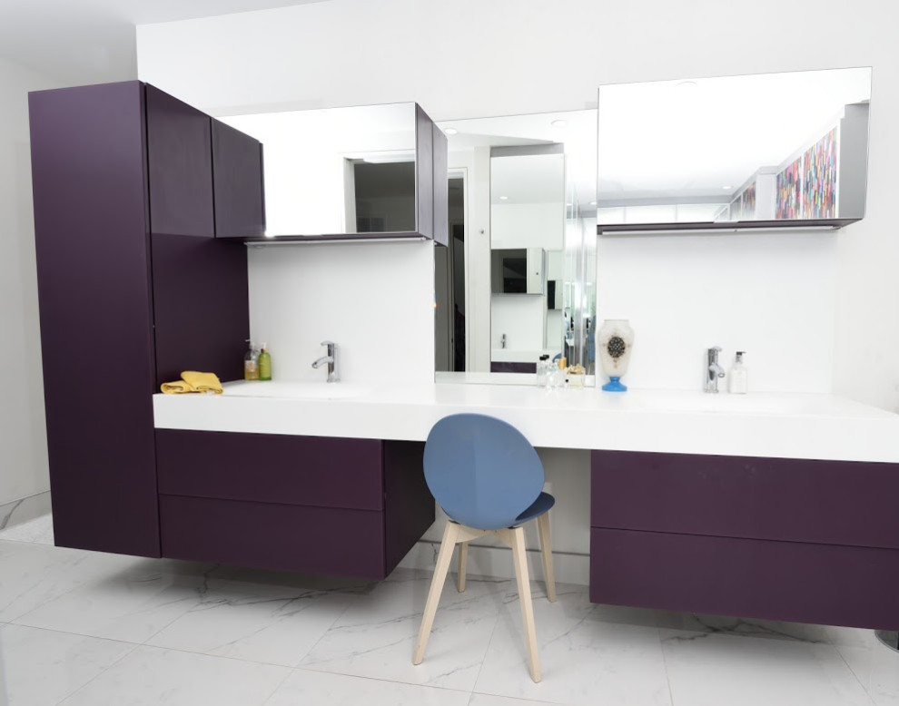 Design ideas for a large contemporary master wet room bathroom in Toronto with flat-panel cabinets, purple cabinets, a freestanding tub, a one-piece toilet, white tile, porcelain tile, white walls, porcelain floors, an integrated sink, quartzite benchtops, white floor, a hinged shower door, white benchtops, a shower seat, a double vanity and a floating vanity.