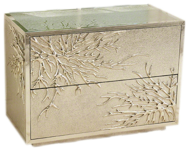 Luxe Modern Silver Coral Branch Accent Chest, Cabinet Metallic Twig 2 Drawer