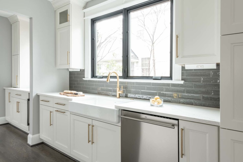 Design ideas for a large transitional eat-in kitchen in DC Metro with white cabinets, grey splashback, subway tile splashback, stainless steel appliances, medium hardwood floors and with island.