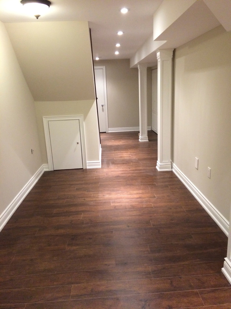 This is an example of a mid-sized traditional fully buried basement in Toronto with green walls and dark hardwood floors.