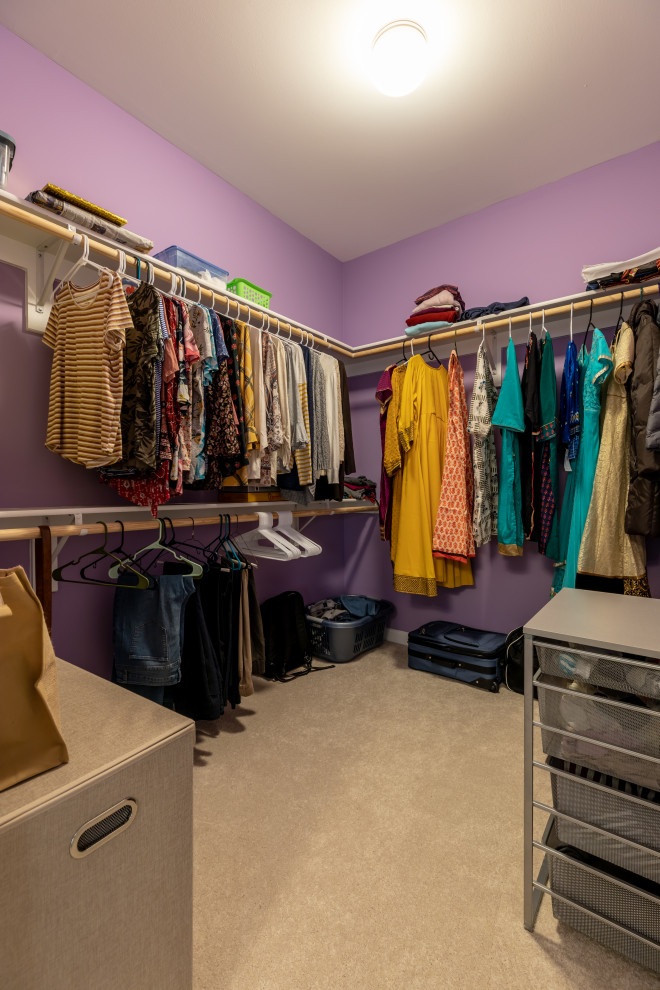 Inspiration for a large transitional storage and wardrobe in DC Metro with carpet and beige floor.
