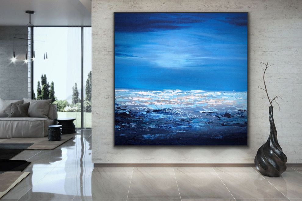 48x48 IN Blue white abstract Art oversized Modern Beach Painting MADE TO ORDER