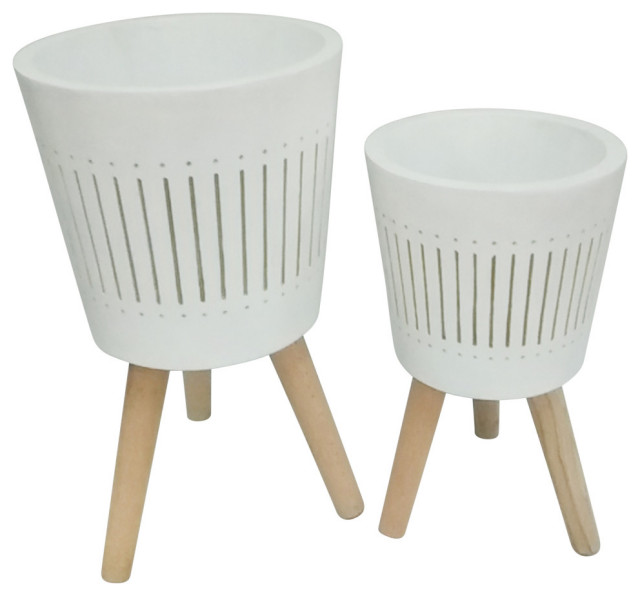 11/15" Planter With Wood Legs, Beige