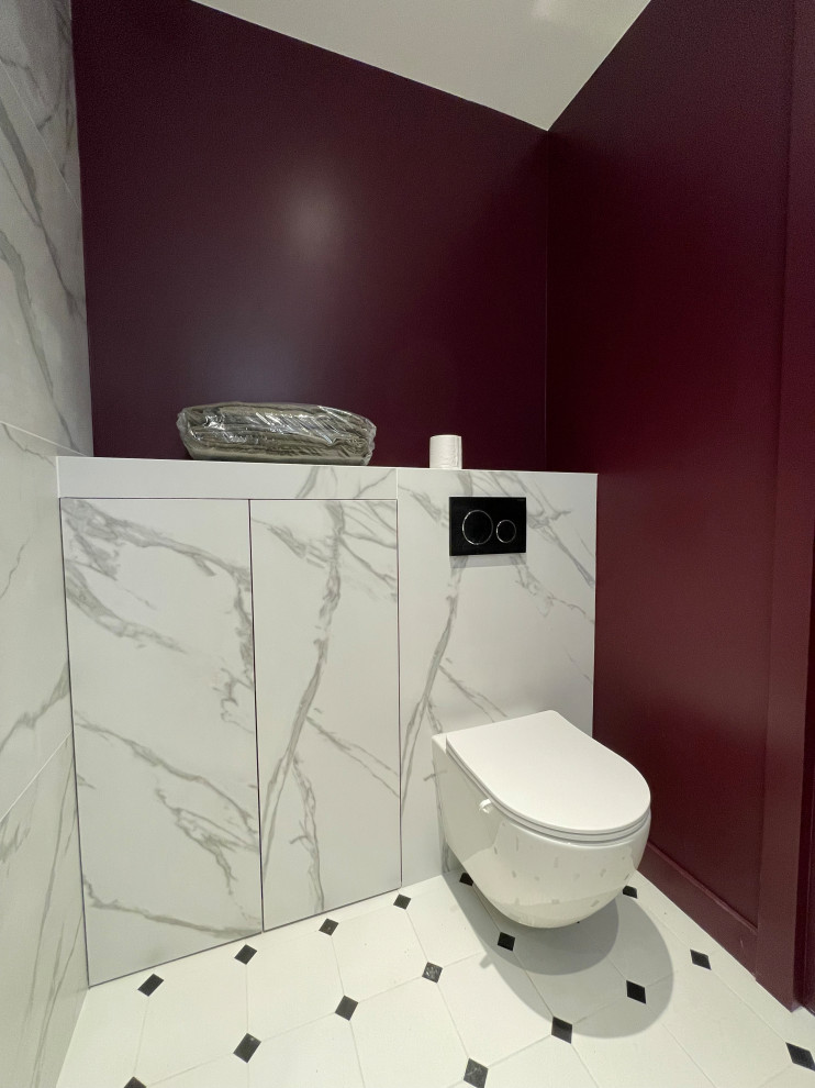 Photo of a mid-sized asian 3/4 bathroom in Nice with furniture-like cabinets, a curbless shower, a wall-mount toilet, white tile, ceramic tile, purple walls, ceramic floors, a pedestal sink, marble benchtops, white floor, a sliding shower screen, white benchtops, a niche, a single vanity and a freestanding vanity.