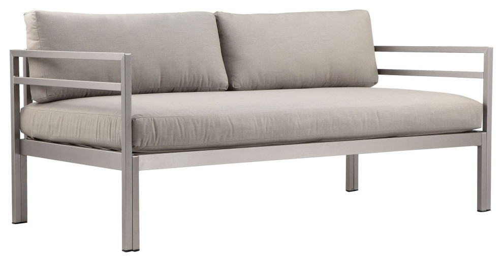 Benzara BM287770 Modern Outdoor Sofa, Gray Aluminum Frame, Fabric Cushions