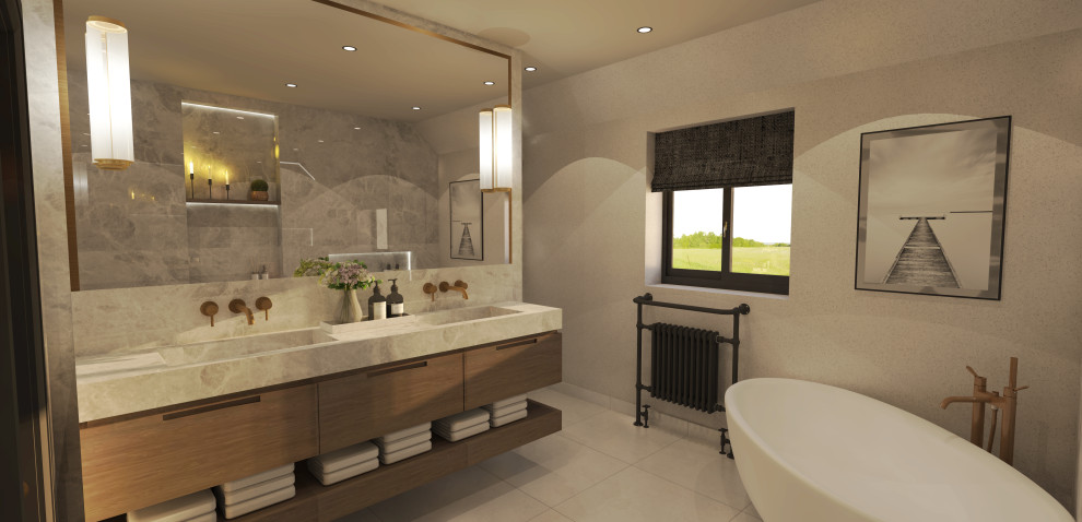 Modernes Badezimmer mit braunen Schränken, freistehender Badewanne, Korkboden, Einbauwaschbecken, beigem Boden, Doppelwaschbecken und gewölbter Decke in Sonstige
