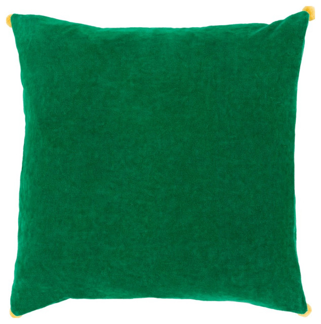 Velvet Poms by Surya Pillow, Grass Green/Saffron, 18' x 18