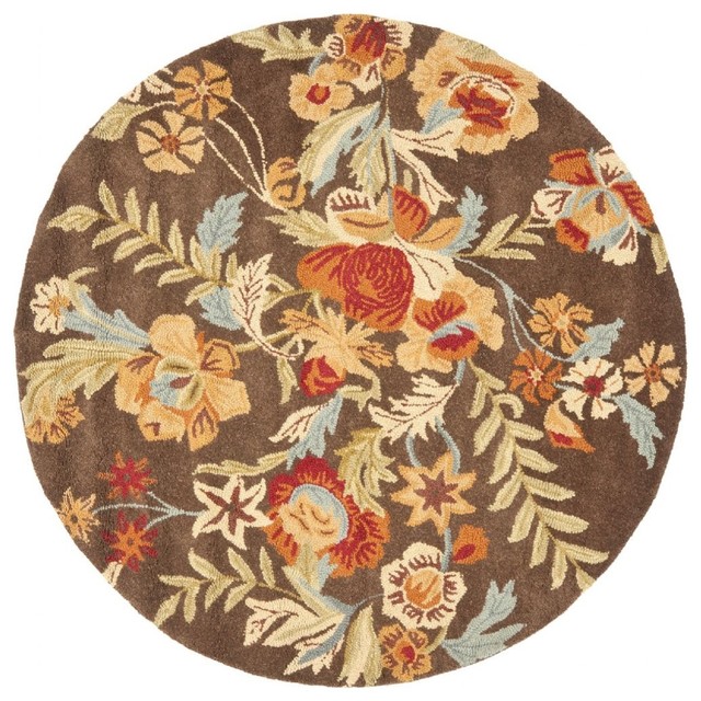 Country & Floral Blossom Area Rug, Brown, Multi Color, Round 6'