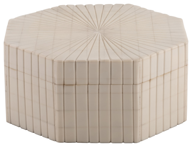 Resin, Set of 2 6/8" Hxgon Boxes, Ridge Design, Ivory