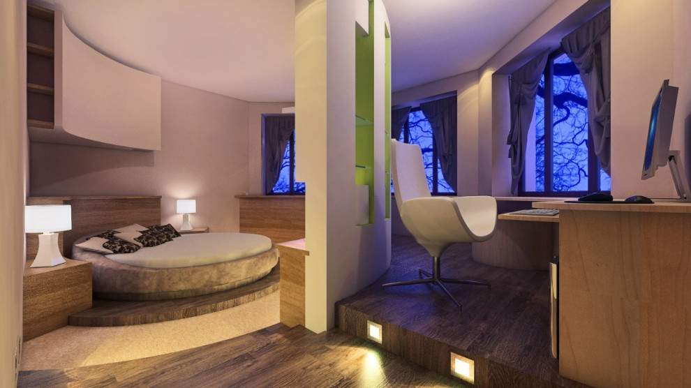 Спальная с круглой кроватью и рабочим кабинетом
