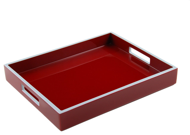 Lacquer Small Rectangle Tray, French Red w/Cool Gray Trim