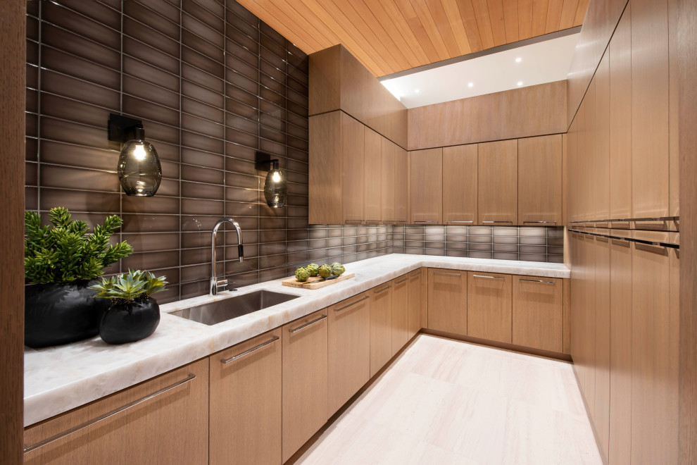 Contemporary kitchen pantry in Phoenix with a submerged sink, flat-panel cabinets, light wood cabinets, quartz worktops, ceramic splashback, white worktops, a wood ceiling and grey splashback.