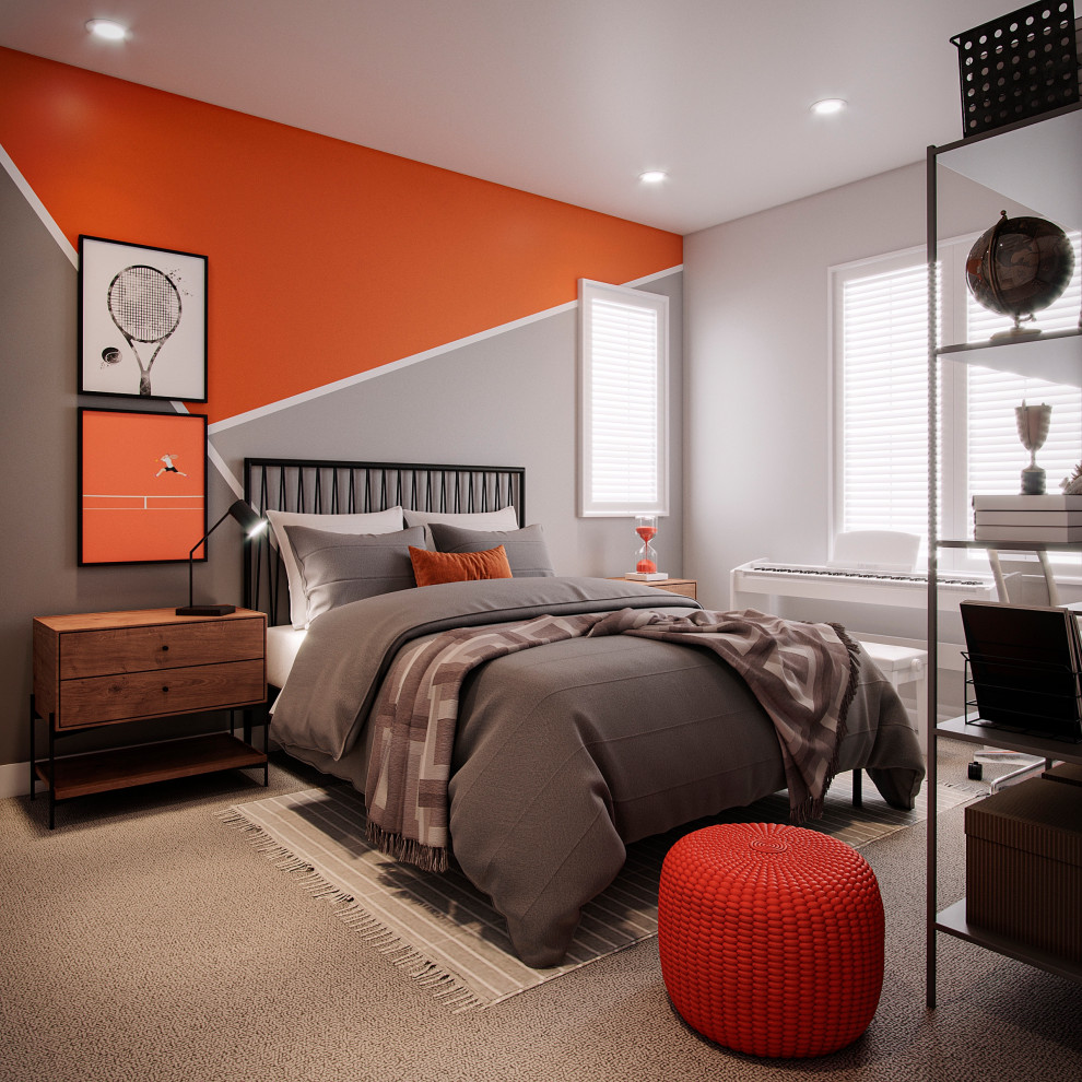 Источник вдохновения для домашнего уюта: детская в стиле модернизм с спальным местом и оранжевыми стенами для ребенка от 4 до 10 лет, мальчика