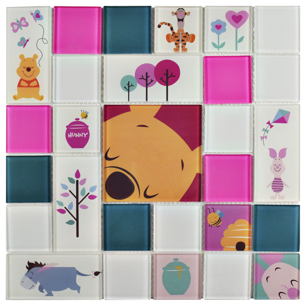 11.75"x11.75" Disney Glass Mosaic Wall Tile, Pink, Pooh and Friends