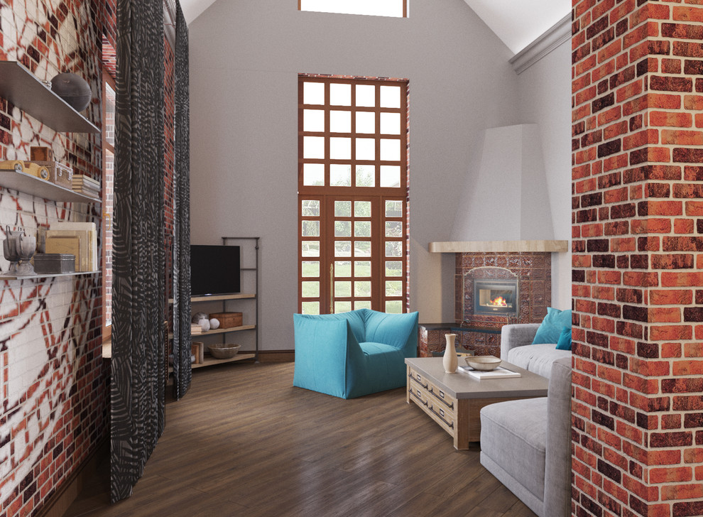 Гостиная с элементами лофта в загородном доме