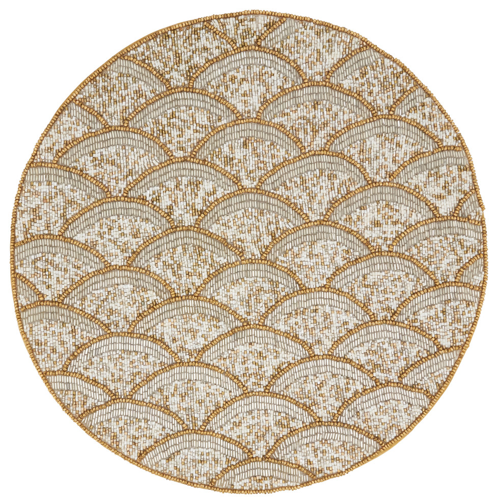 Beaded Placemats With Scallop Design, Set of 4, Gold, 15"x15", 15"x15