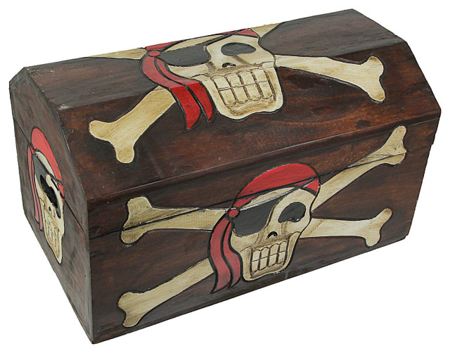 Indonesia Handmade Skull and Crossbones Treasure Box Black Novelty Wood 8 X 5 4 