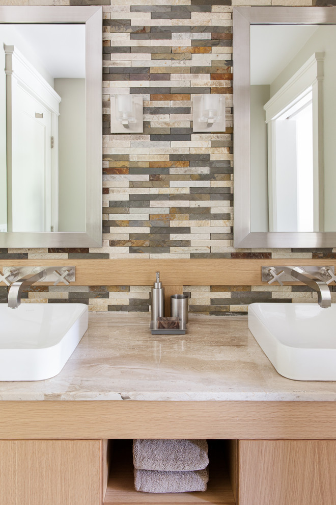 Design ideas for a large transitional master bathroom in Boston with a freestanding tub, gray tile, stone tile, white walls and porcelain floors.