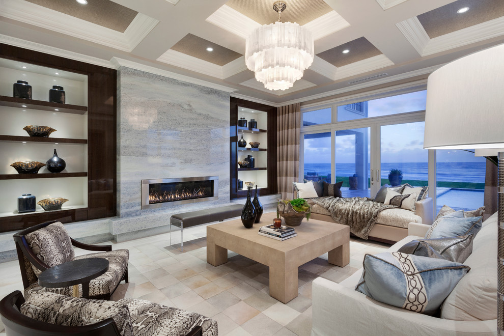 Inspiration for an expansive contemporary formal open concept living room in Miami with beige walls, no tv, a ribbon fireplace and a metal fireplace surround.