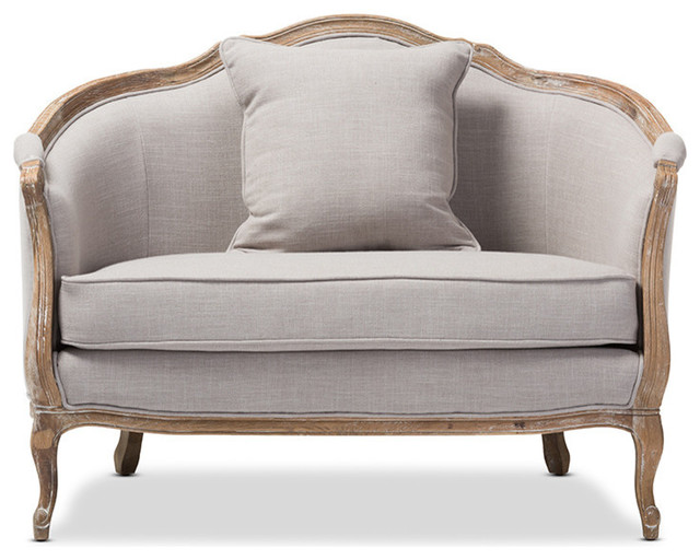 Corneille Weathered Oak Linen Upholstered 1Seater Lounge Chair, Beige