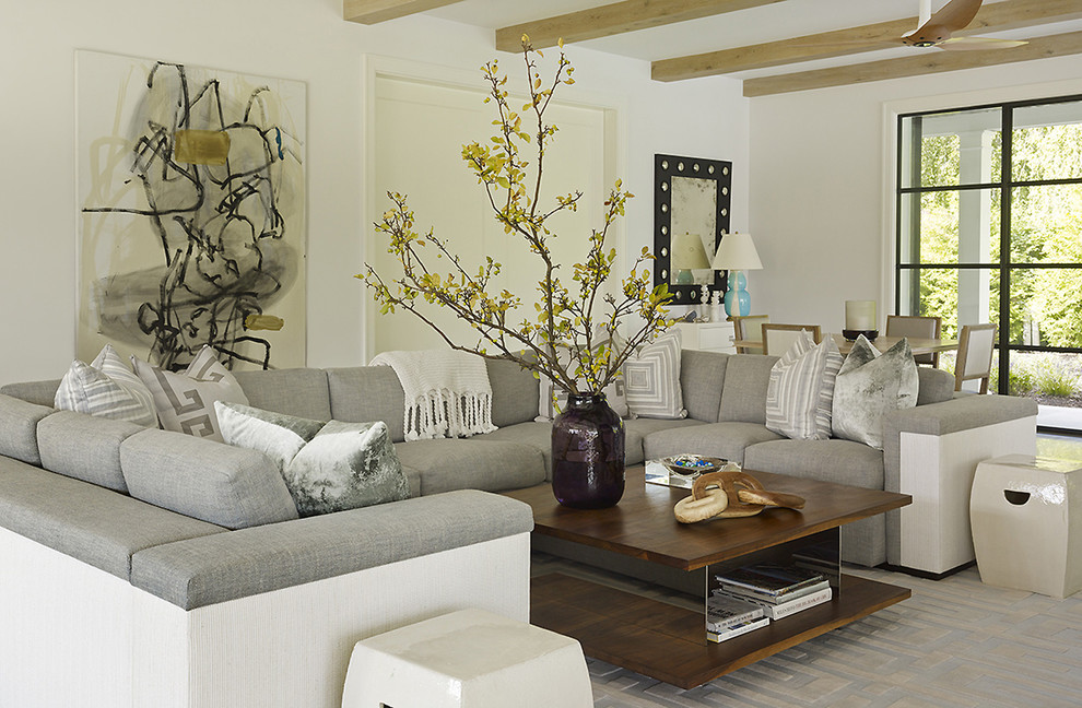 Inspiration for a beach style formal open concept living room in New York with white walls.