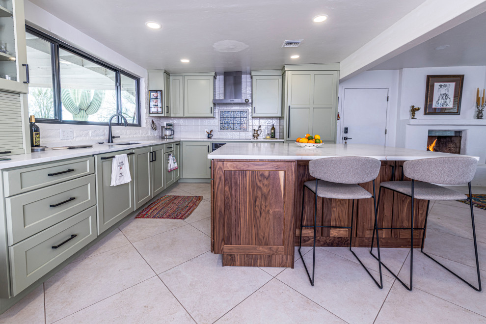 Large transitional porcelain tile and beige floor kitchen photo in Phoenix with shaker cabinets, ceramic backsplash and an island