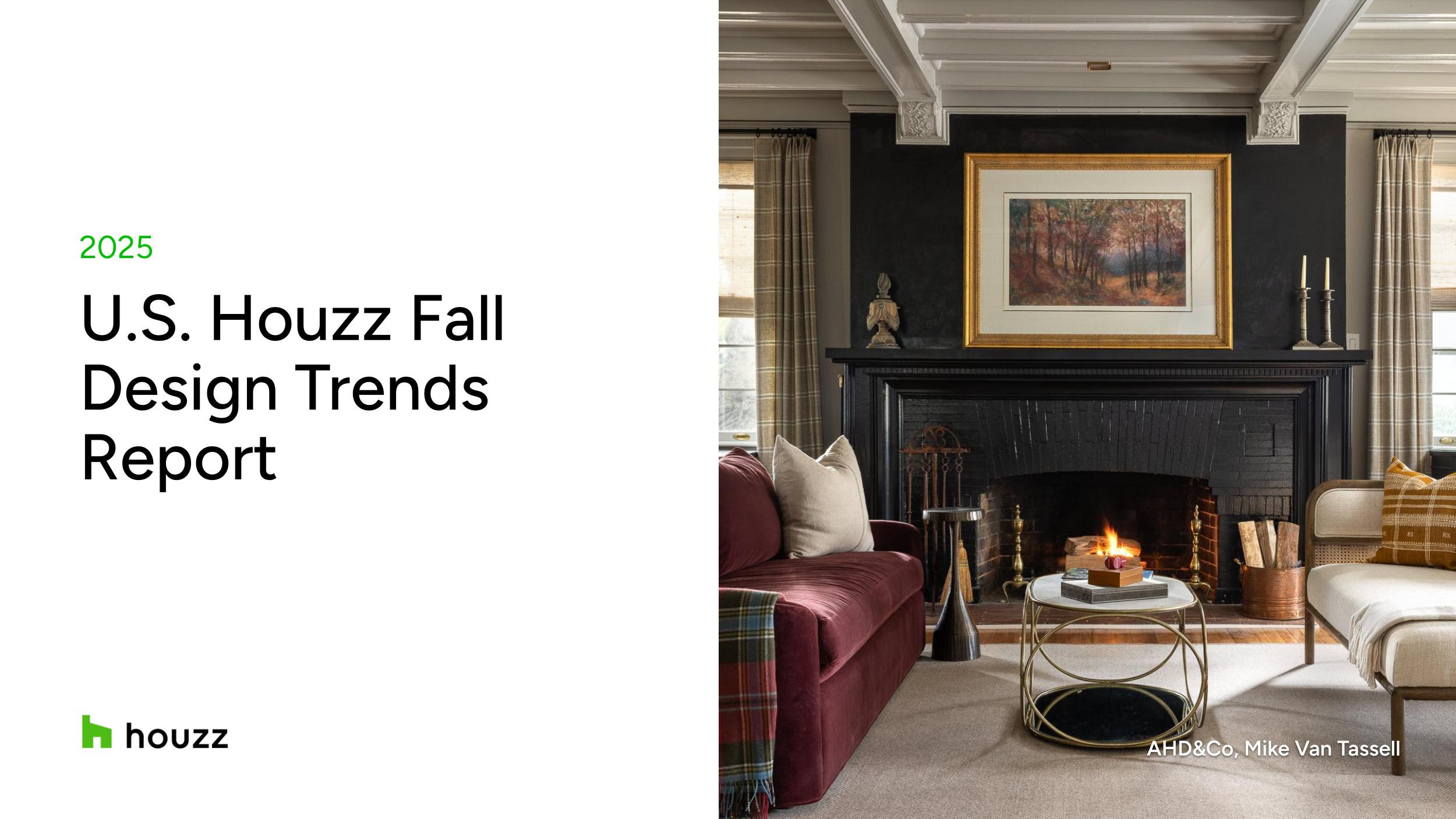 Houzz 2025 U.S. Fall Design Trends report cover with jewel-toned living room and framed landscape art