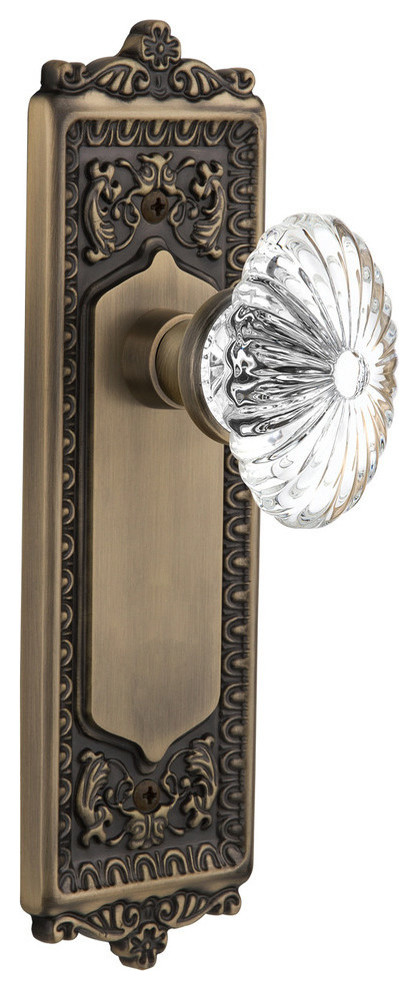 Double Egg & Dart Plate With Oval Fluted Crystal Knob, Antique Brass