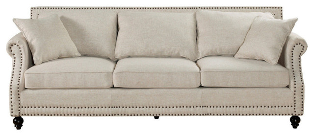 Beige Linen Sofa With Nailheads