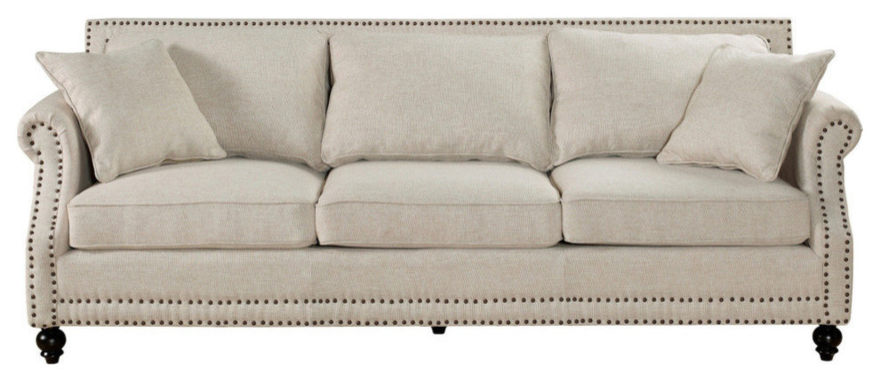 Beige Linen Sofa With Nailheads