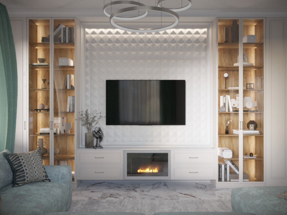 Мятная неоклассика. Кухня-гостиная в загородном доме.