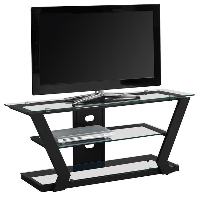 Tv Stand 48"L / Black Metal With Tempered Glass Contemporary