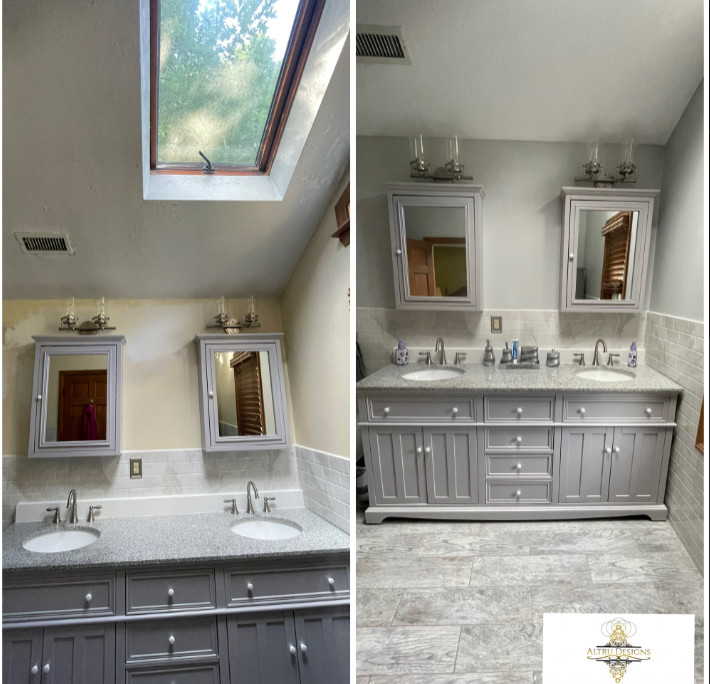Inspiration for a mid-sized modern 3/4 gray tile and ceramic tile medium tone wood floor, yellow floor and double-sink bathroom remodel in Boston with furniture-like cabinets, gray cabinets, a one-piece toilet, gray walls, a drop-in sink, gray countertops and a built-in vanity